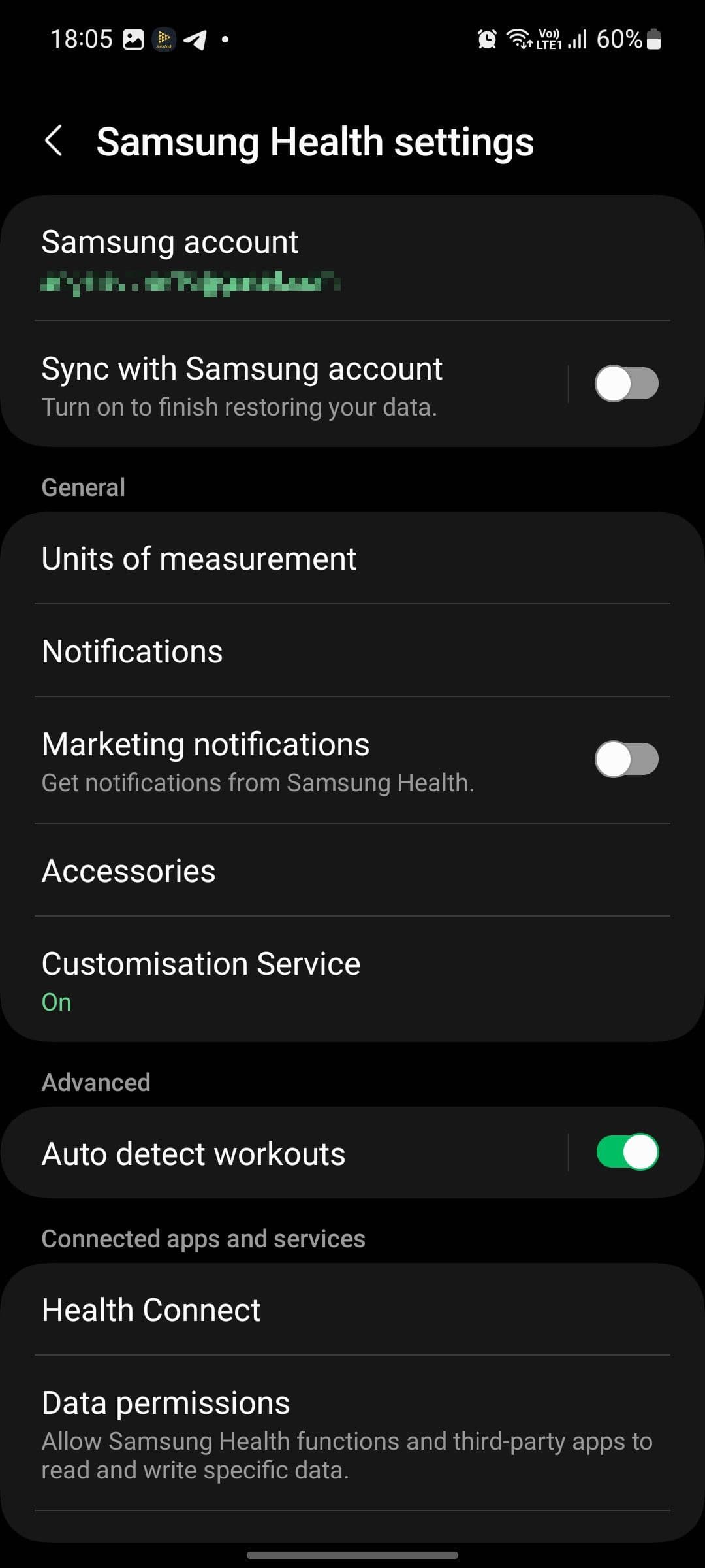 Μενού Samsung Health Settings