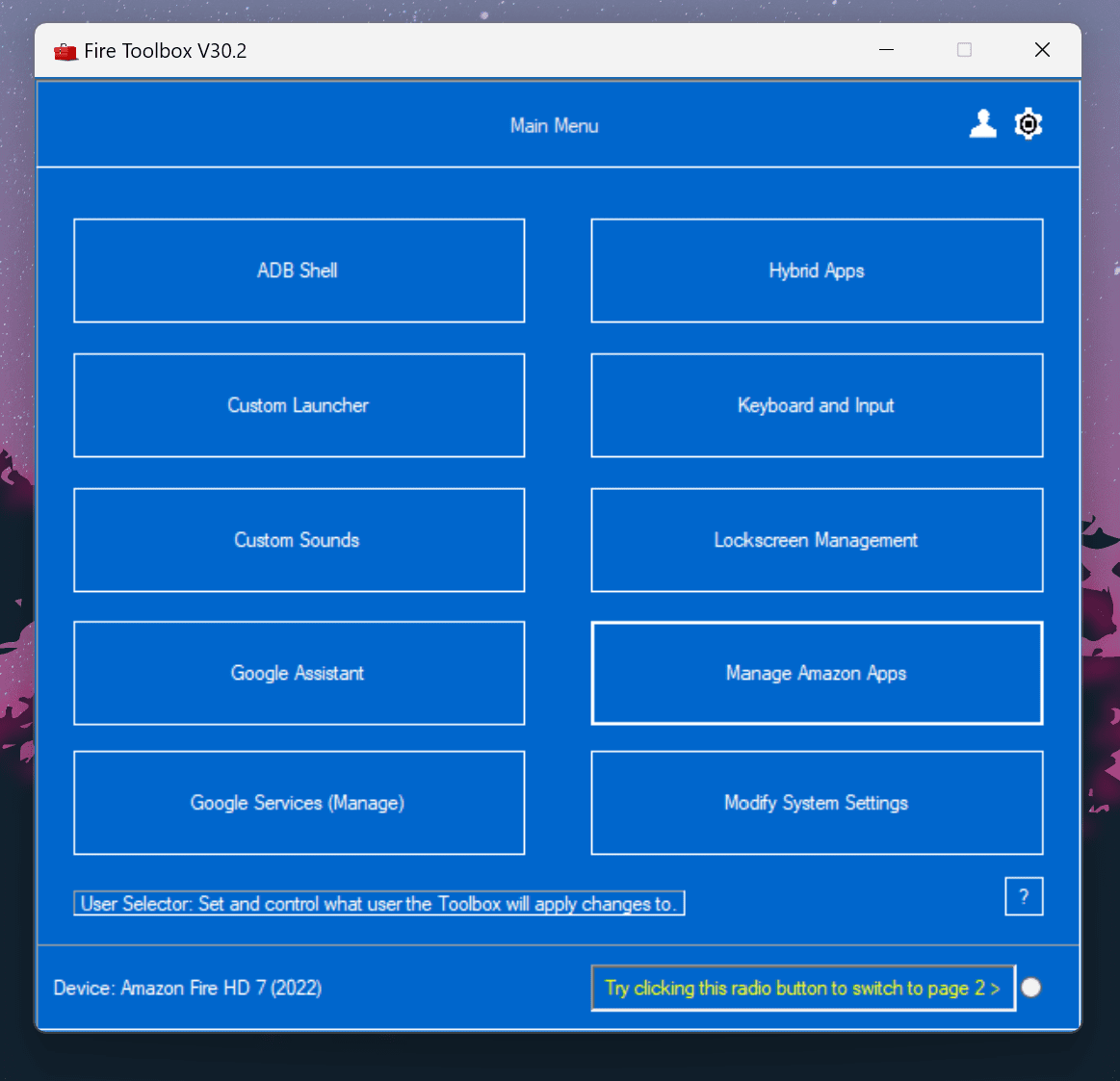 Το κύριο μενού στο Fire Toolbox.