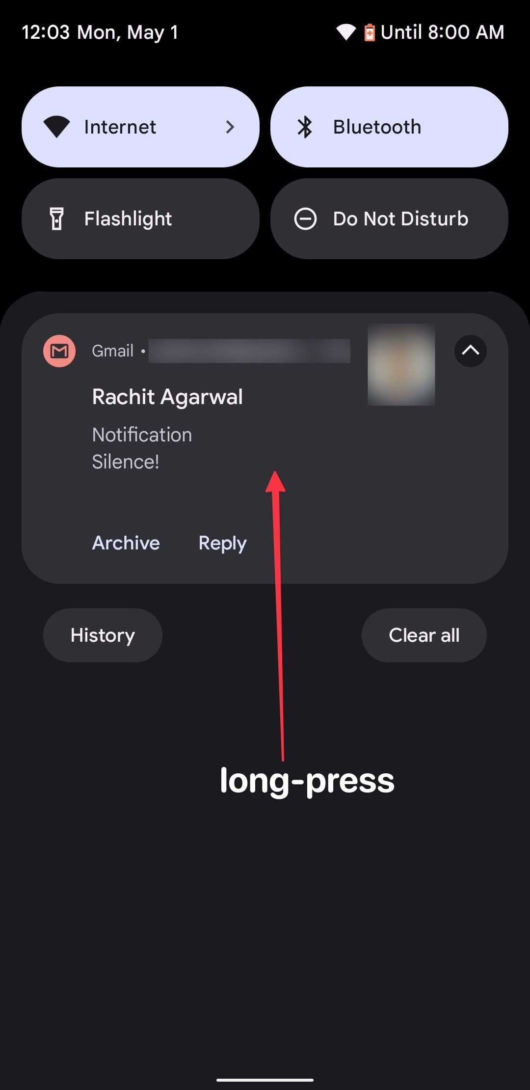 Long-press on notification in notification panel
