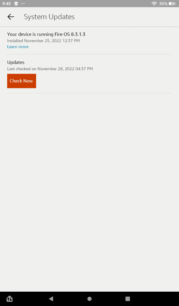 The System Updates page in settings on an Amazon Fire 7.