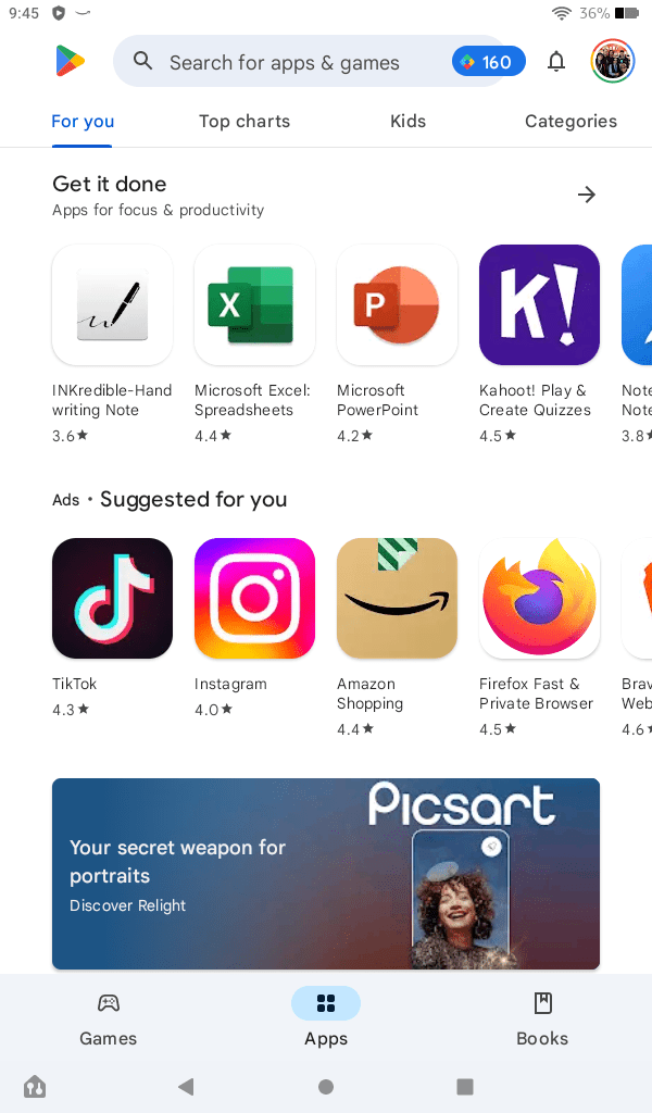 The Play Store's home page on an Amazon Fire 7.