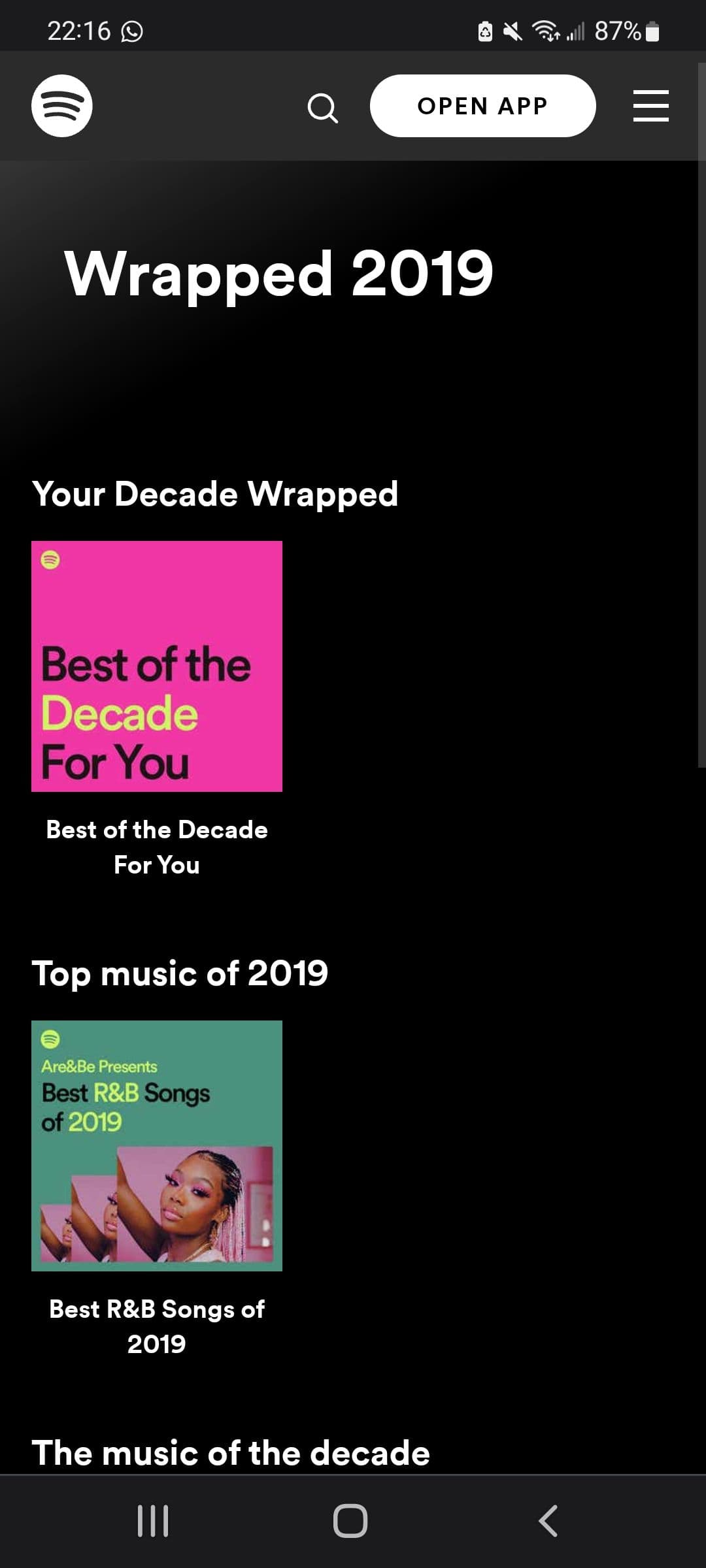 Screenshot of an Android browser displaying the Spotify Wrapped 2019 page.