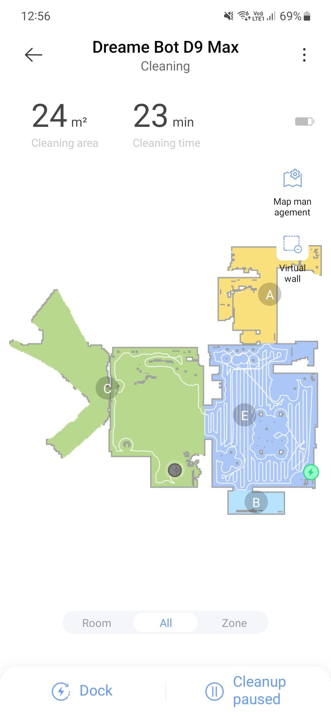 Στιγμιότυπο οθόνης της εφαρμογής Xiaomi Mi Home που δείχνει τα χειριστήρια Dreame D9 Max