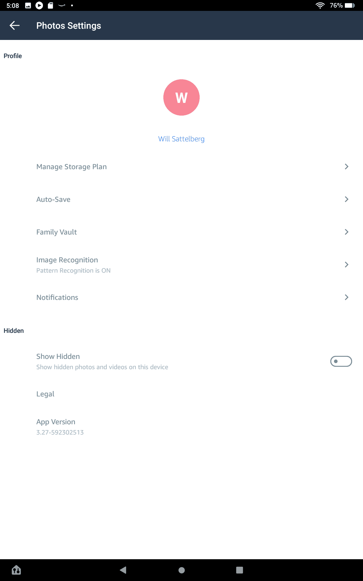 Amazon Photos settings page on a Fire Tablet.