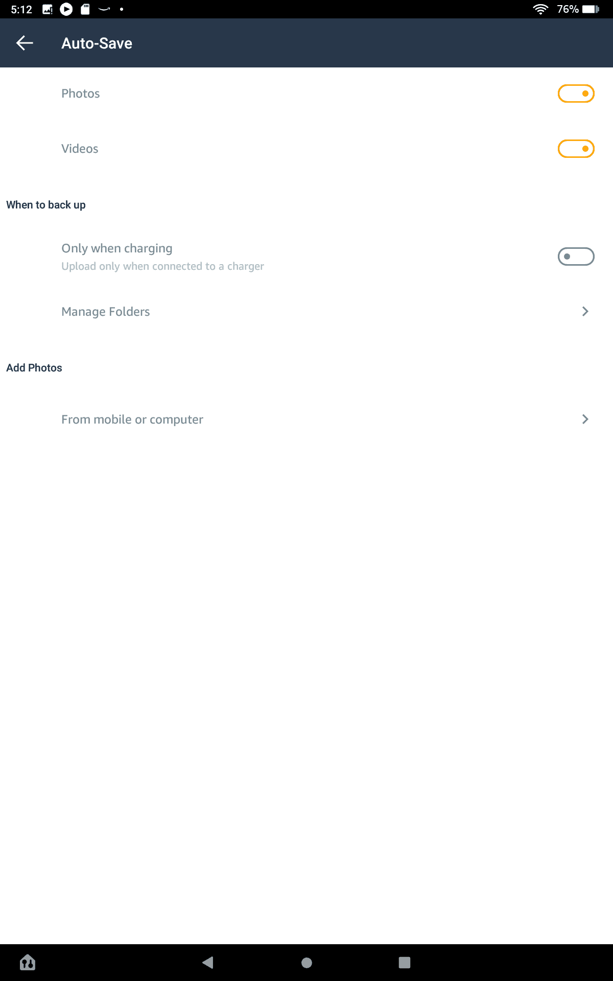 Amazon Photos settings to backup photos and videos on the tablet.