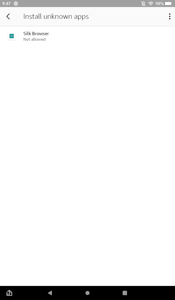 The Install Unknown Apps page on a Fire 7 with Silk Browser shown as an option