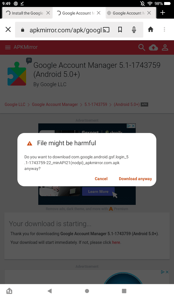 APK Mirror on the Fire 7 with a 