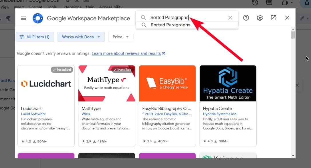 Αναζήτηση για ταξινομημένες παραγράφους με το πεδίο αναζήτησης Google Workspace Marketplace