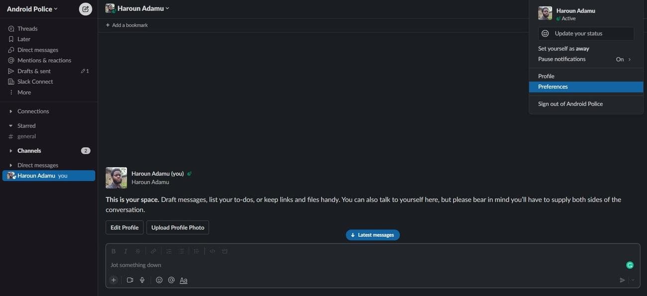 Άνοιγμα προτιμήσεων προφίλ Slack
