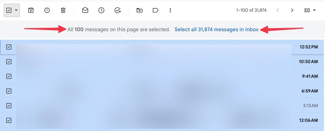 επιλέξτε όλα τα μηνύματα στα εισερχόμενα