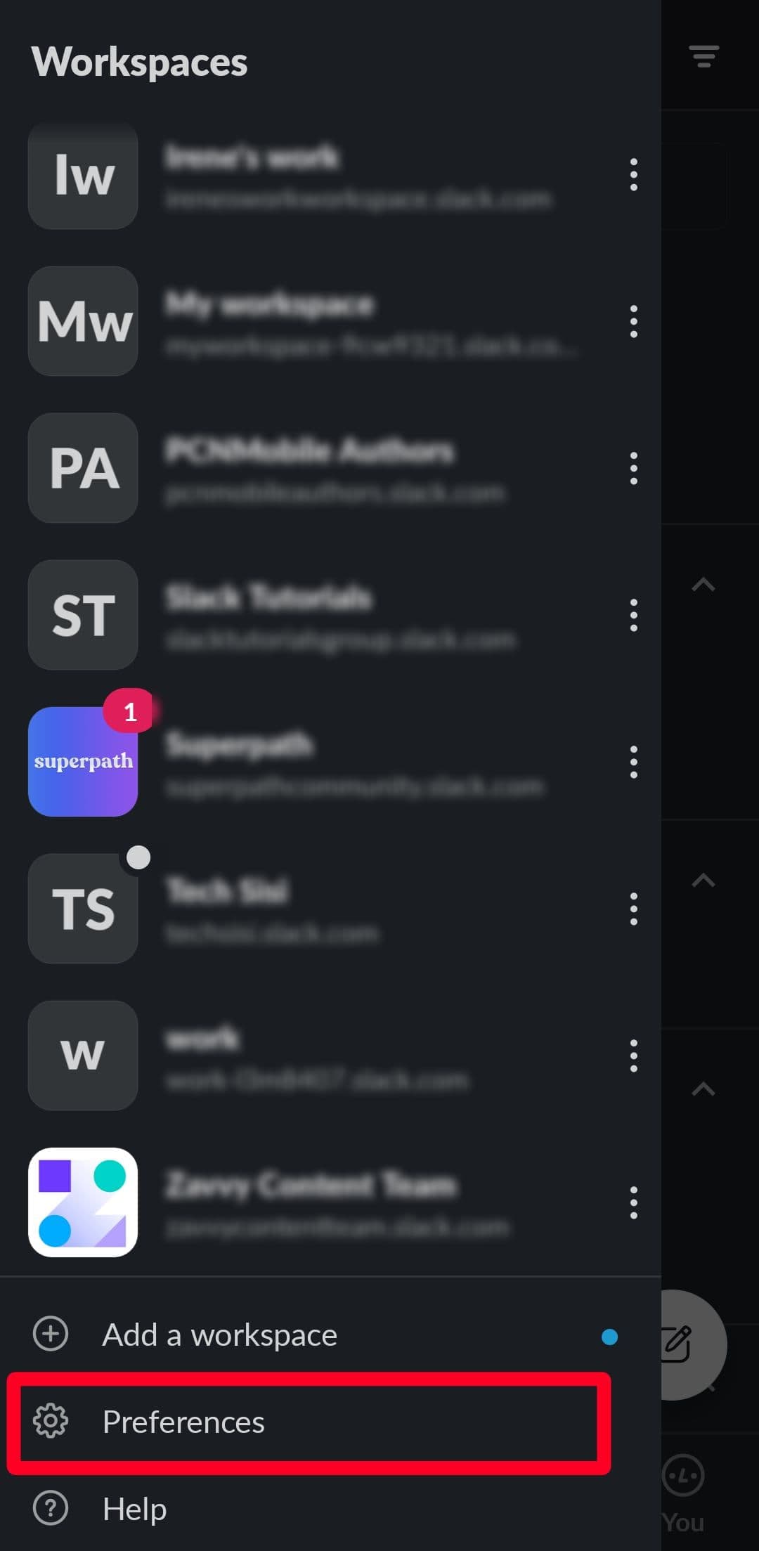 Επιλέγοντας την επιλογή Προτιμήσεις στην εφαρμογή Slack για κινητά