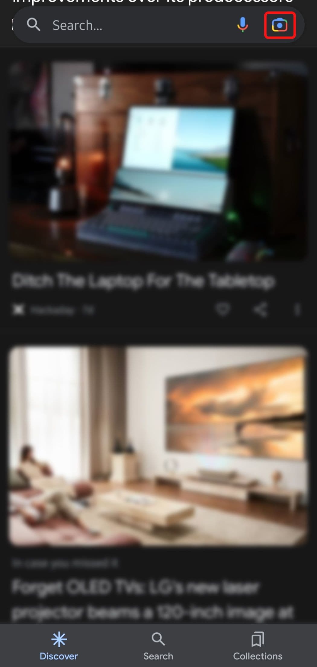 κύρια σελίδα της εφαρμογής google με τονισμένο το εικονίδιο του φακού google στη γραμμή αναζήτησης