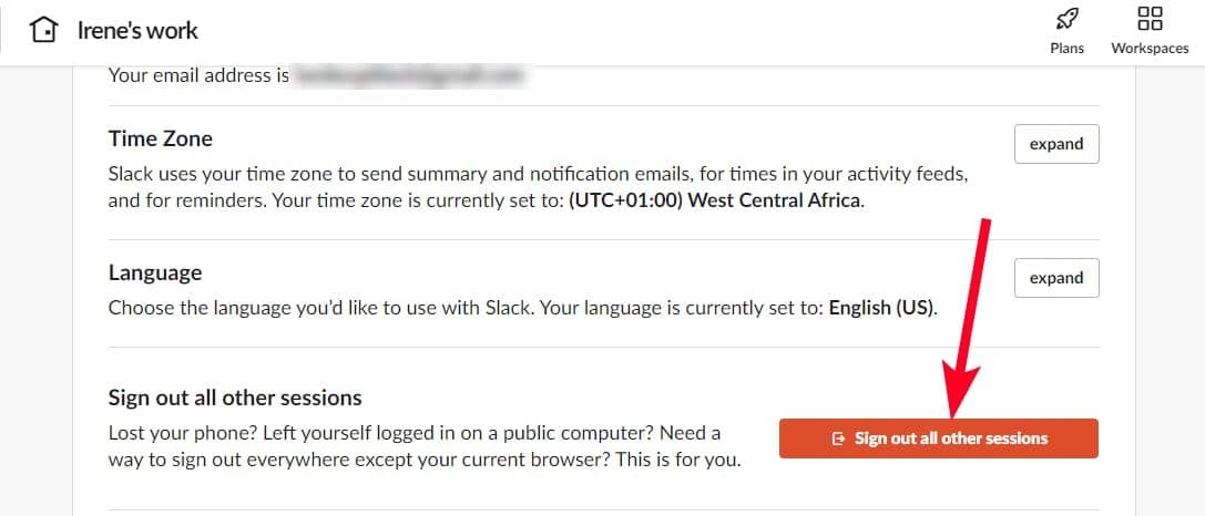 Η επιλογή αποσύνδεσης όλων των άλλων περιόδων σύνδεσης στην εφαρμογή Ιστού Slack