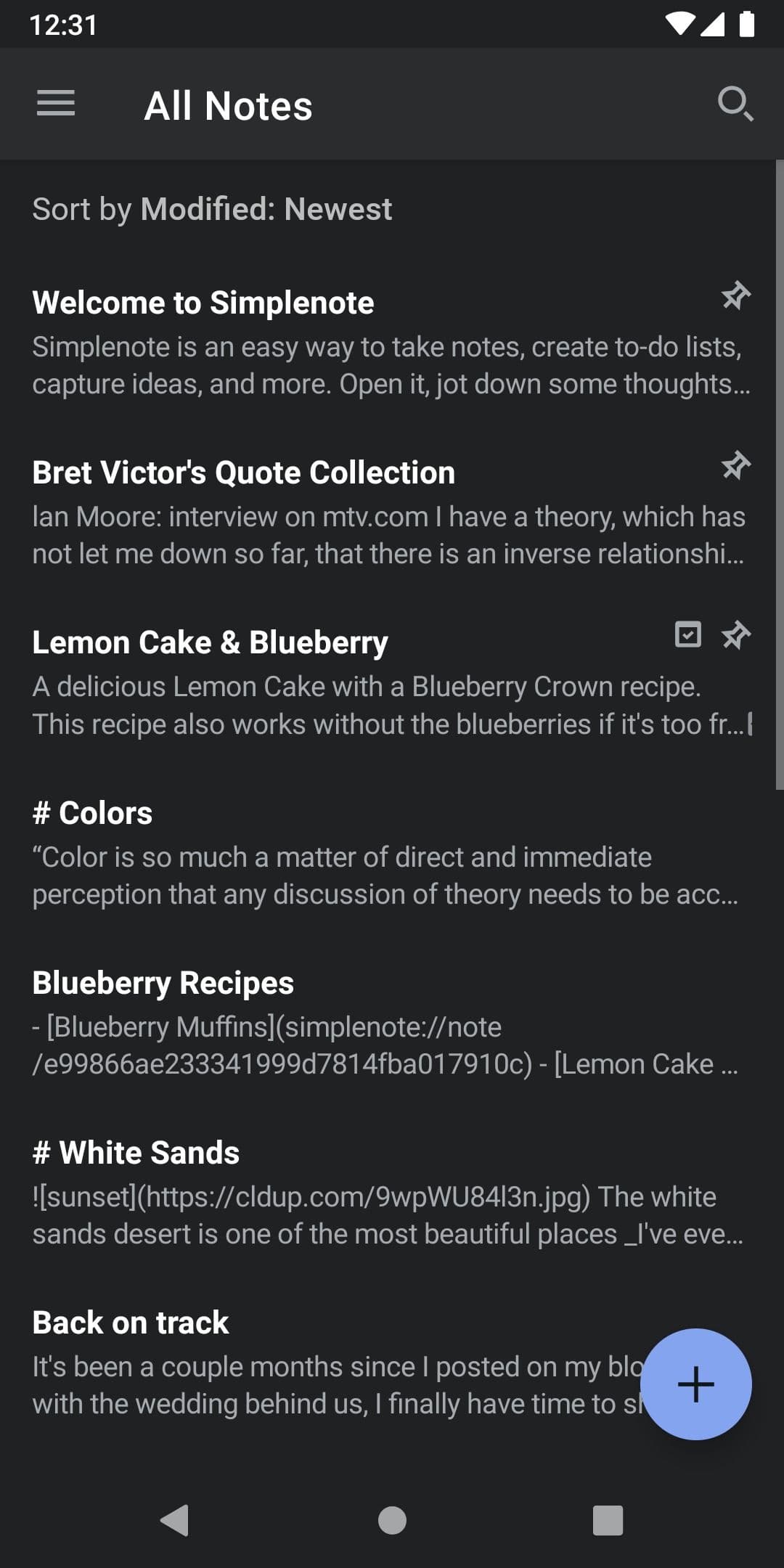 Αρχική οθόνη Simplenote σε σκοτεινή λειτουργία