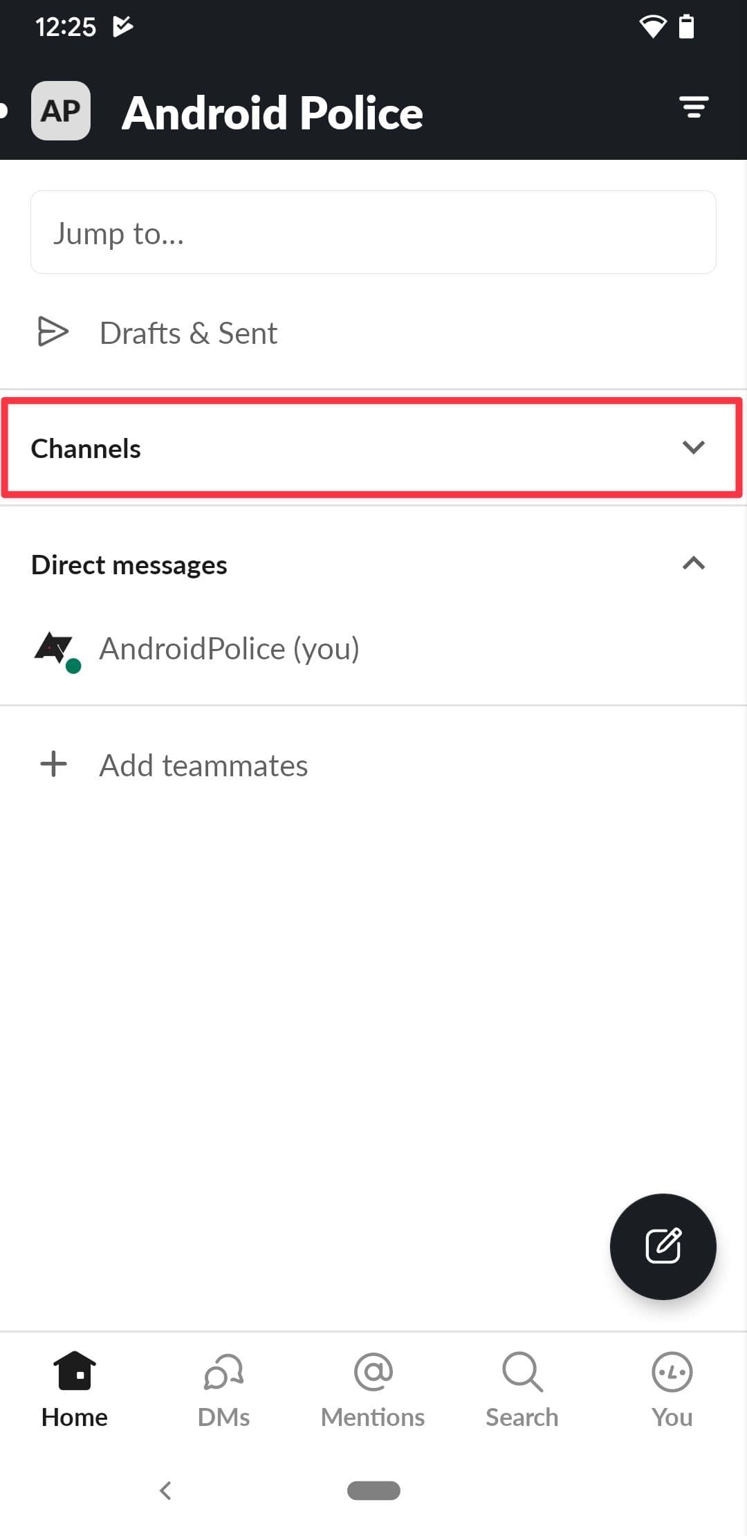 Slack Home screenshot της εφαρμογής Android που δείχνει το κουμπί καναλιών