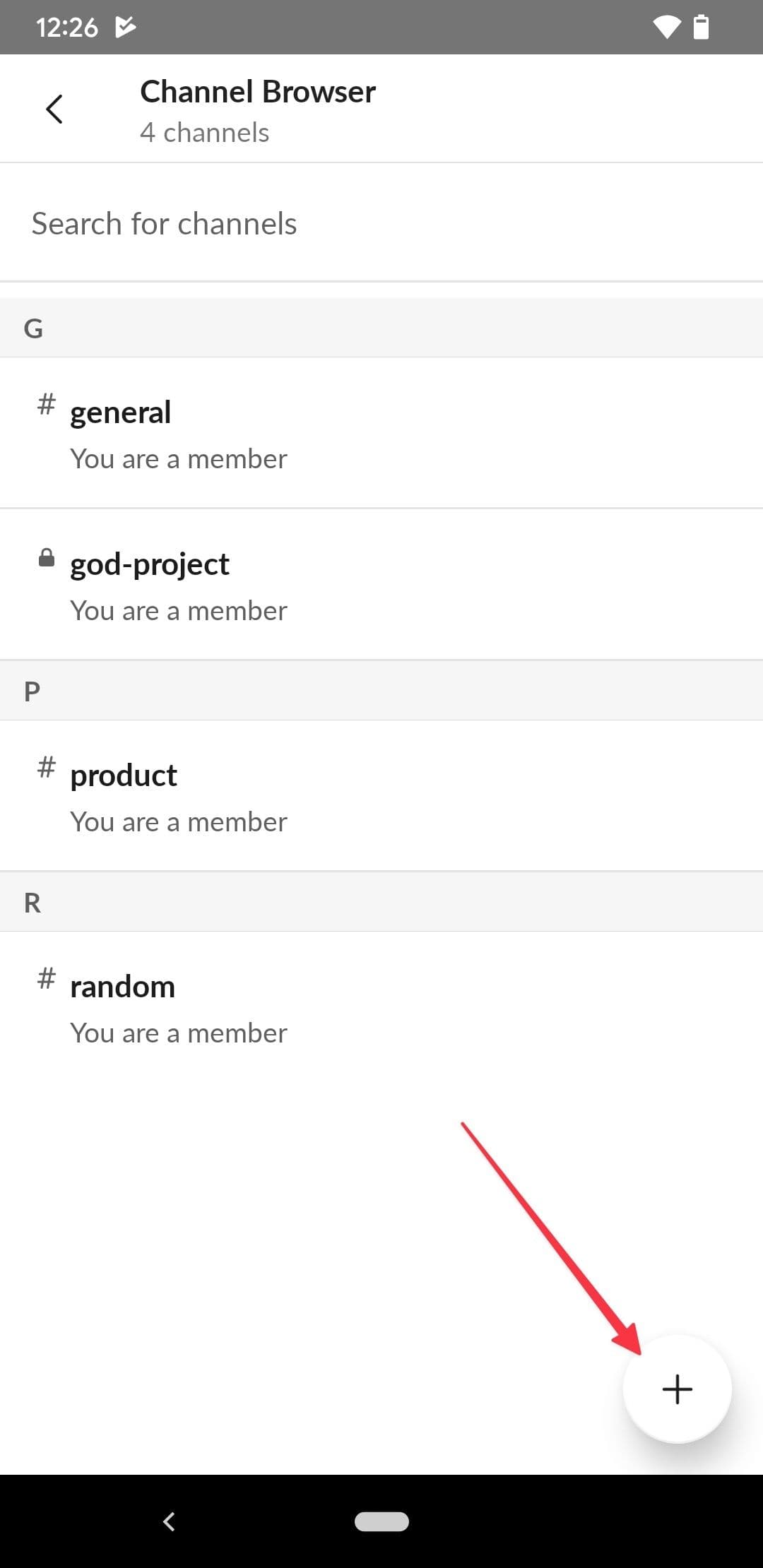 Slack στιγμιότυπο οθόνης εφαρμογής Android που δείχνει το κουμπί συν
