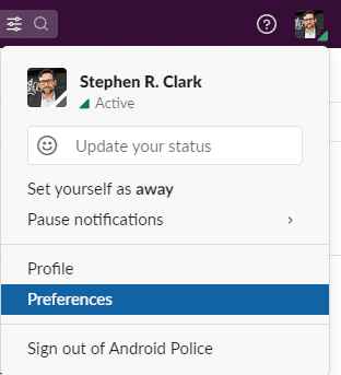 Η επιλογή Slack for desktop Preferences επισημαίνεται