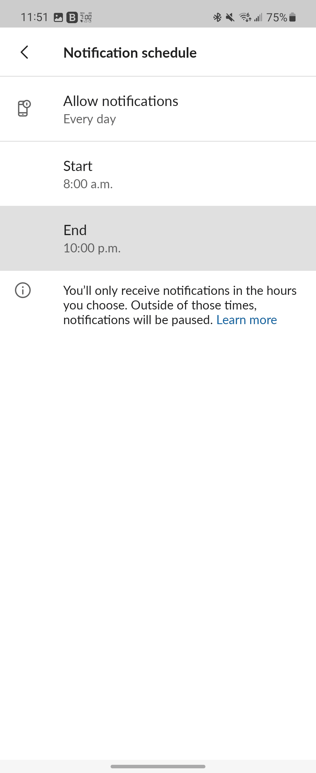 Χαλαρές ρυθμίσεις προγράμματος ειδοποιήσεων με επισημασμένο το Τέλος