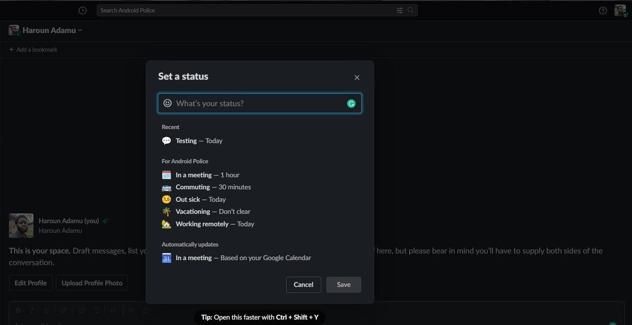 Ρύθμιση κατάστασης Slack