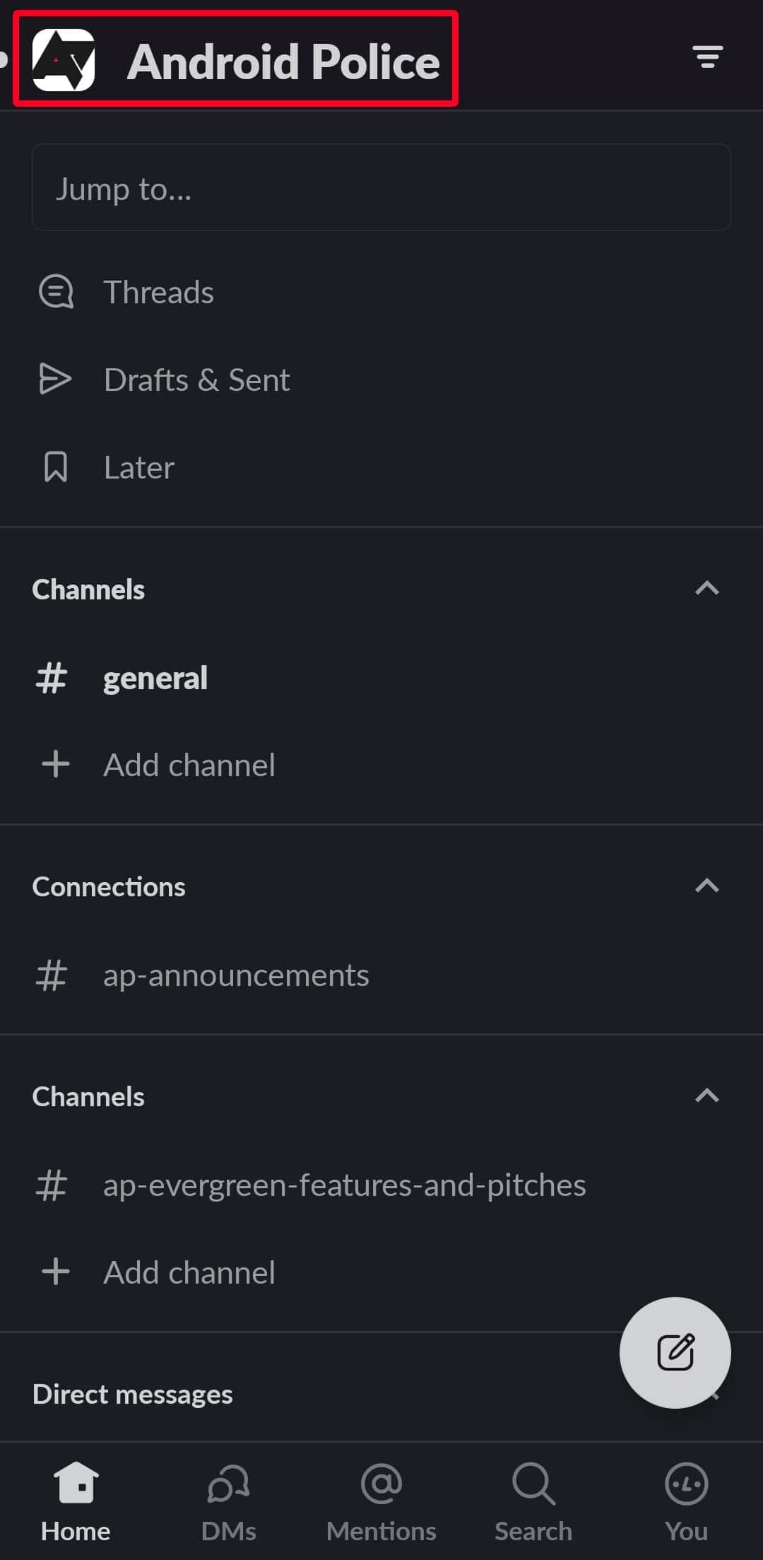 Αρχικό μενού σε έναν χώρο εργασίας Slack στην εφαρμογή για κινητά