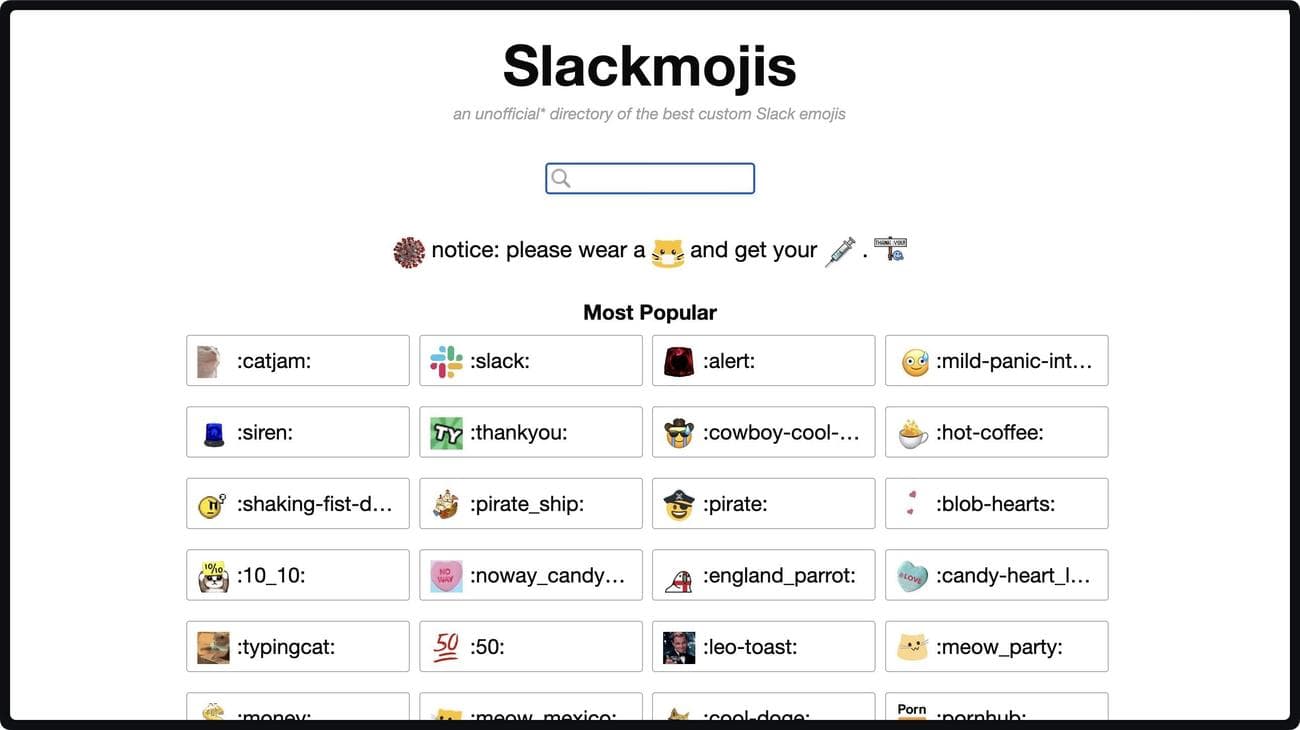 Στιγμιότυπο οθόνης αρχικής σελίδας Slackmojis