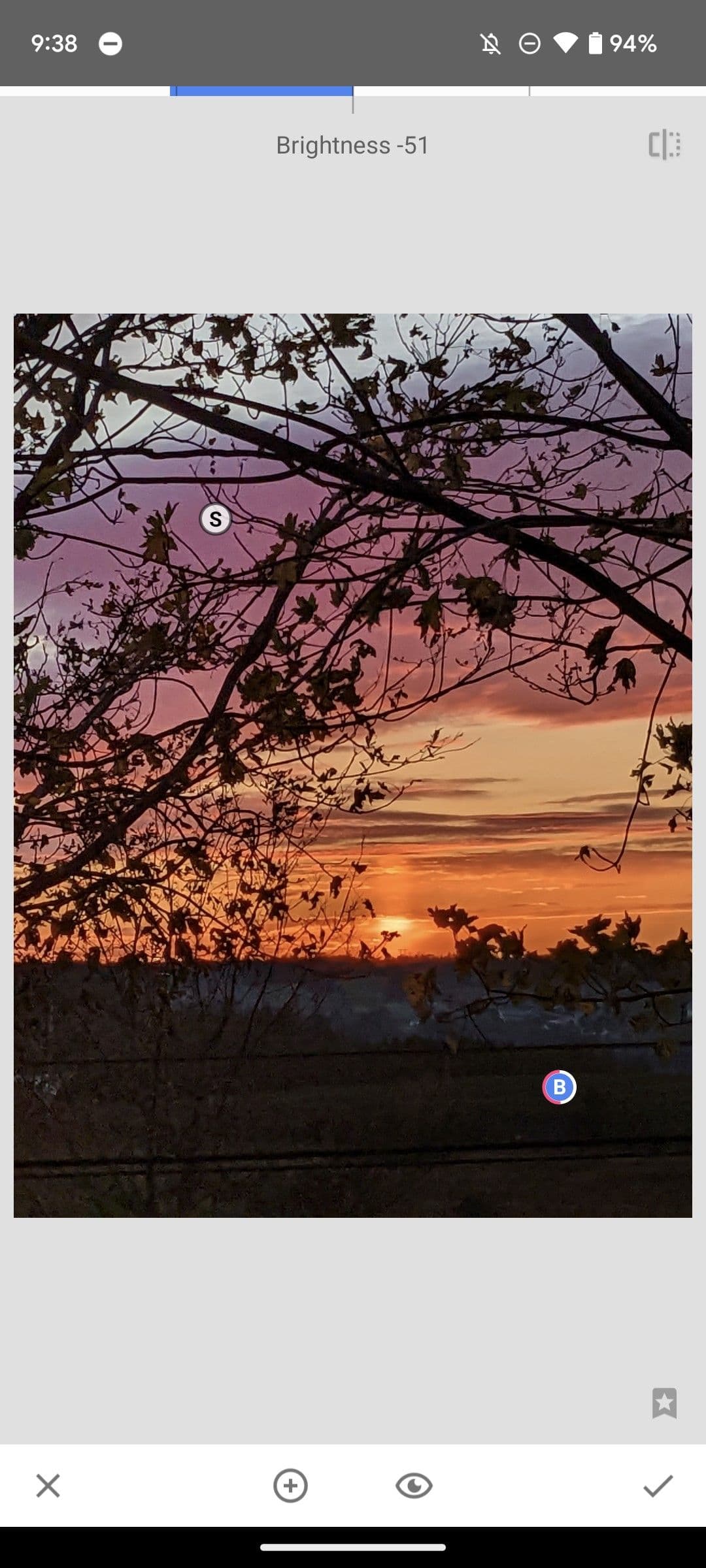 Ένα στιγμιότυπο οθόνης των προσαρμογών του σημείου ελέγχου του Snapseed.