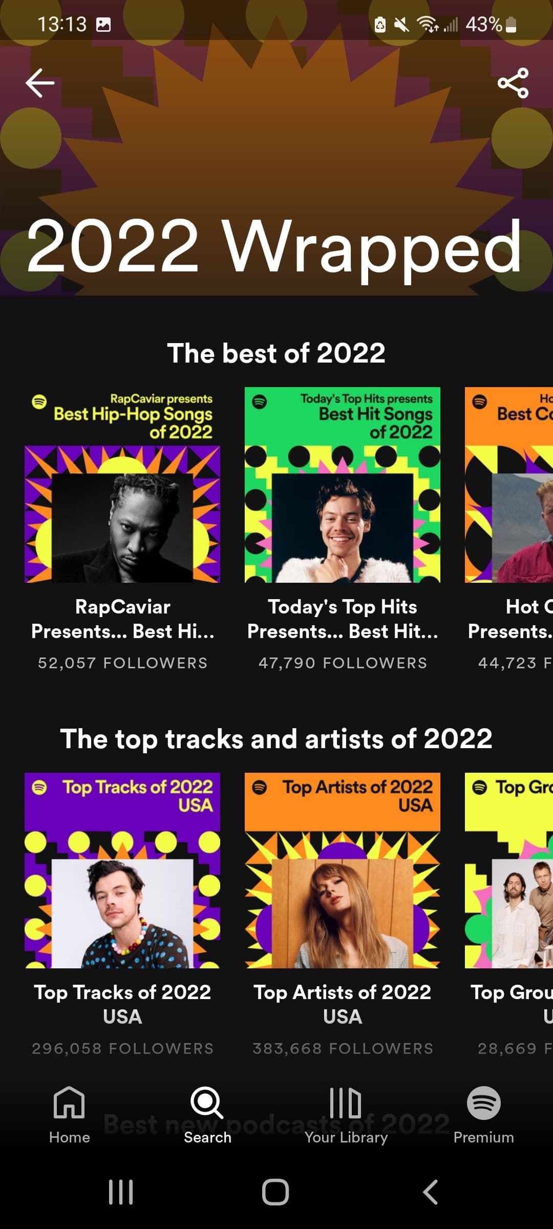 Screenshot of the main 2022 Wrapped page on Spotify for Android. The screen displays two headings: ‘The Best of 2022’ and ‘The Top Tracks and Artists of 2022’. Below each heading are three playlists featuring the user’s top tracks and artists for the year 2022.