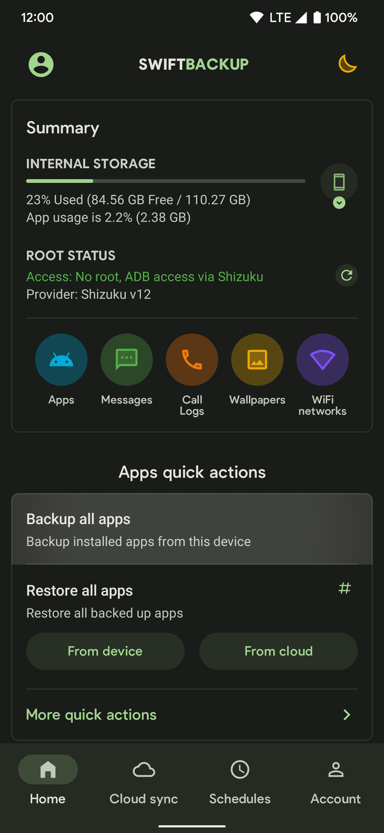 Επισήμανση της επιλογής Δημιουργία αντιγράφων ασφαλείας όλων των εφαρμογών στην εφαρμογή Swift Backup