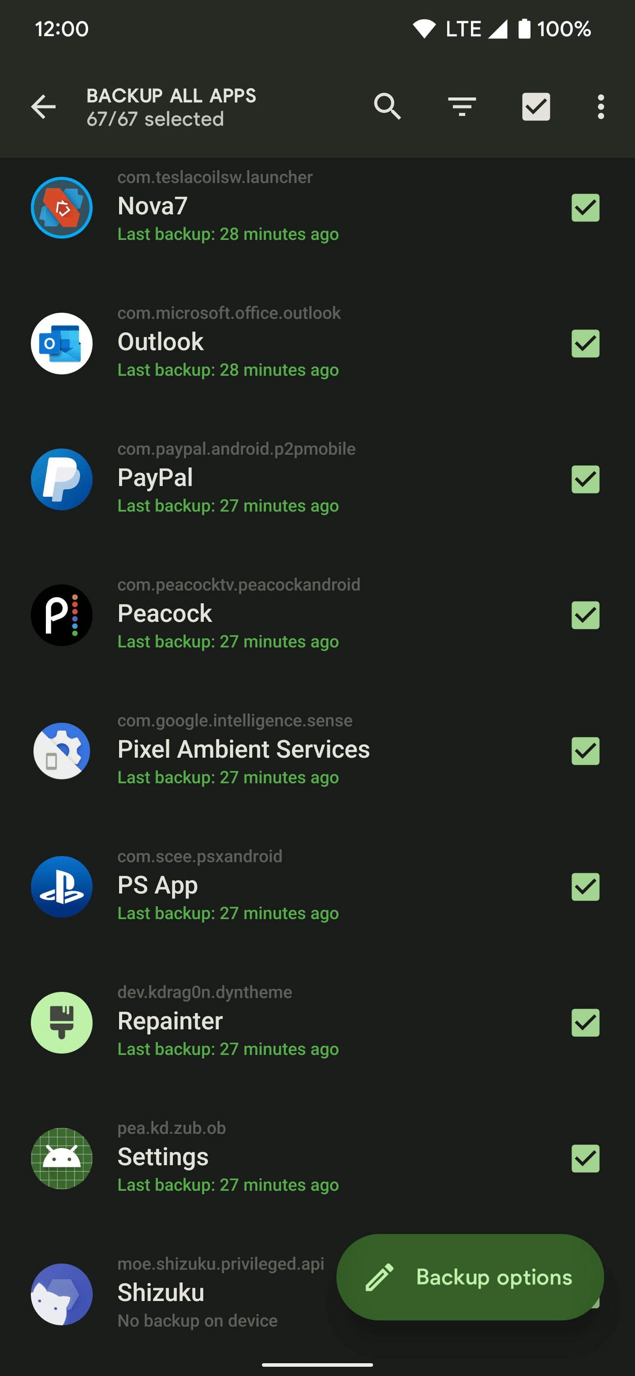 Η κύρια οθόνη Swift Backup κατά τη δημιουργία αντιγράφων ασφαλείας όλων των εγκατεστημένων εφαρμογών στη συσκευή