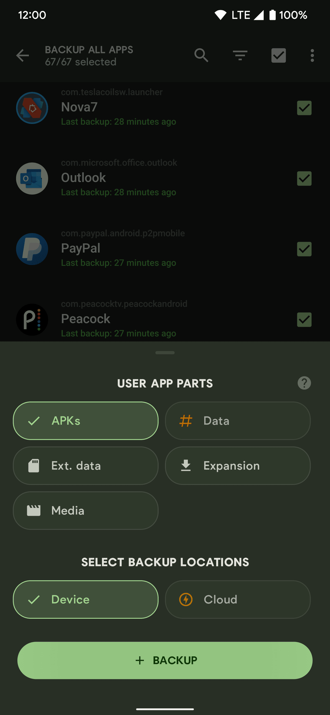 Οι ρυθμίσεις της εφαρμογής χρήστη κατά τη δημιουργία αντιγράφων ασφαλείας εφαρμογών στην εφαρμογή Swift Backup