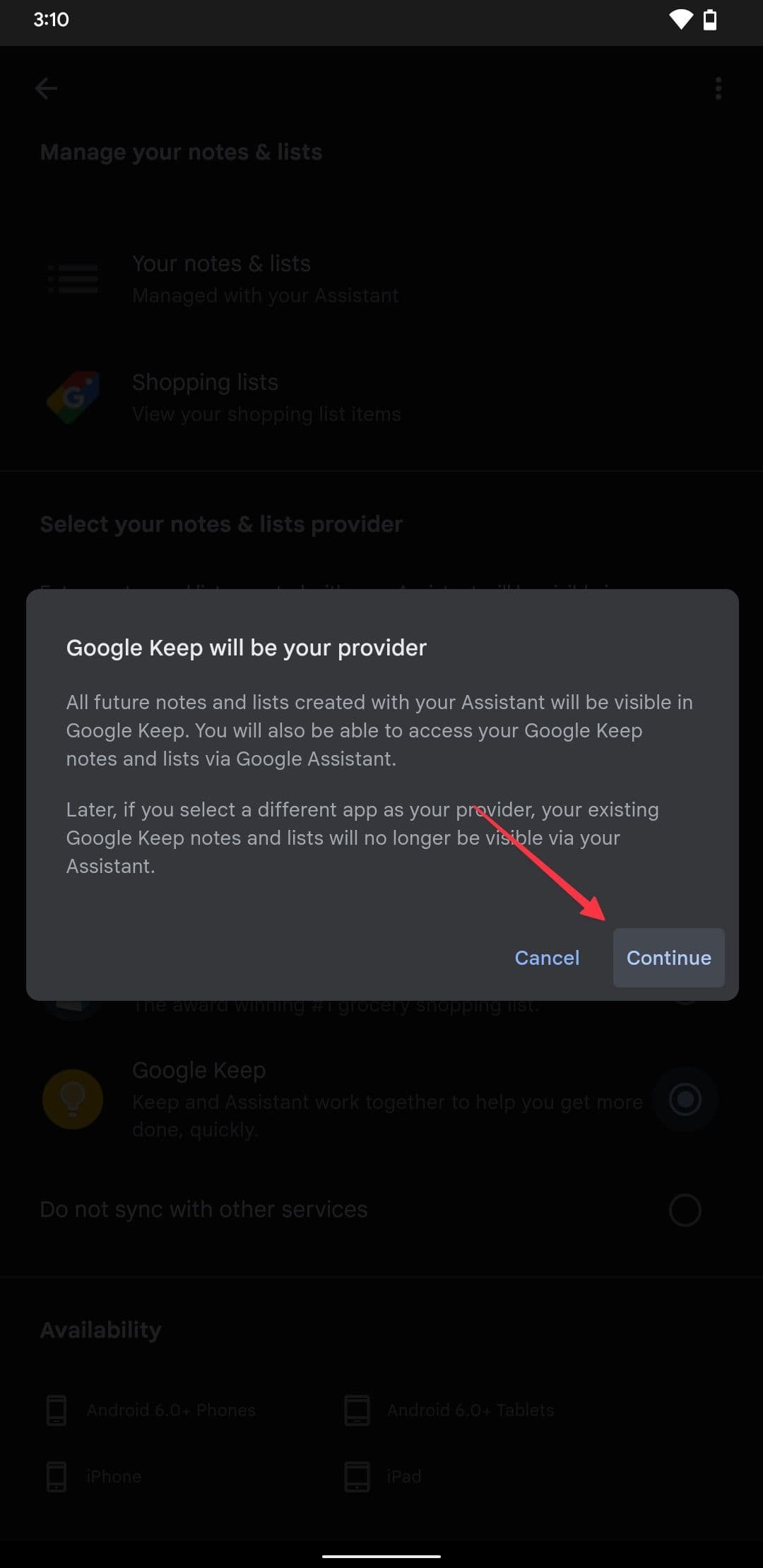 Στιγμιότυπο οθόνης διαλόγου επιβεβαίωσης συγχρονισμού Google Keep