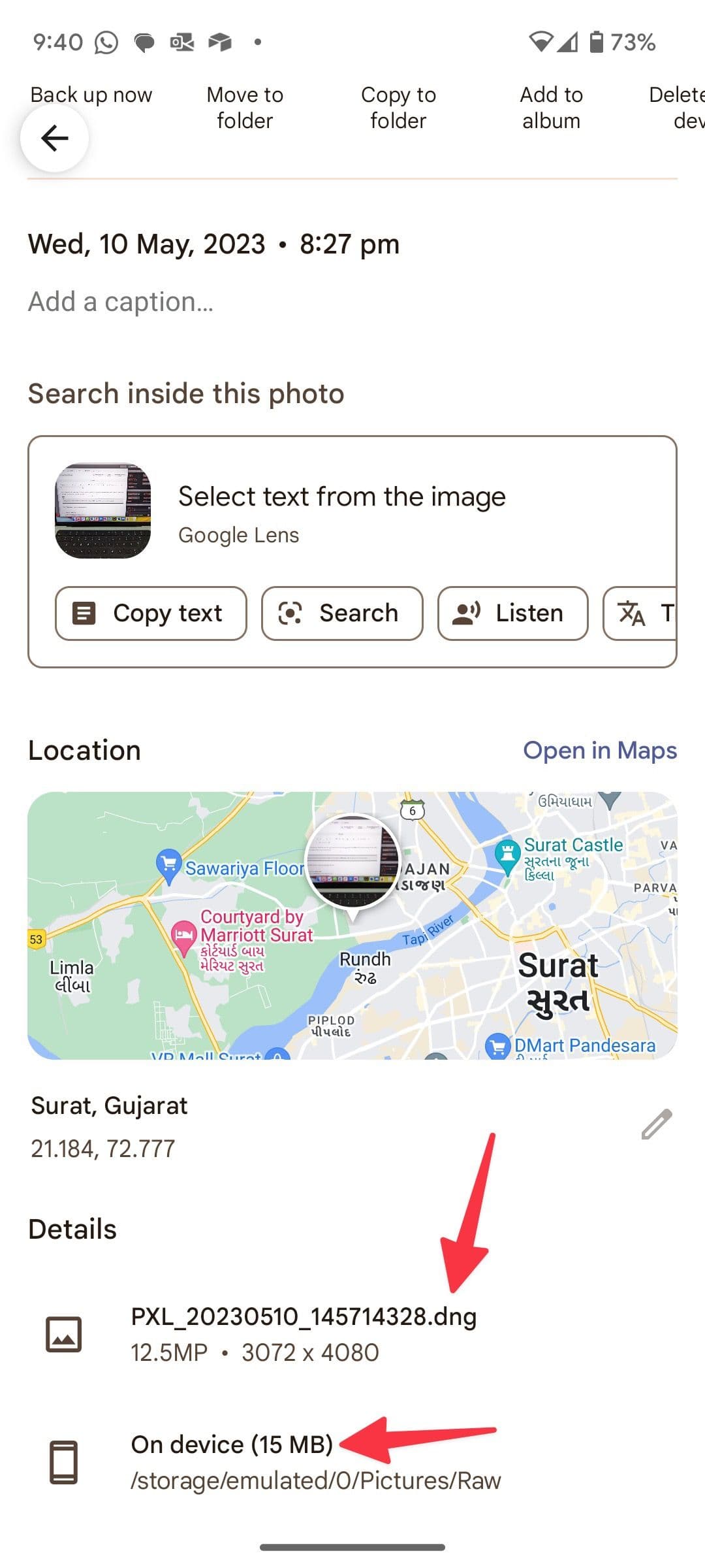 RAW image size on Android