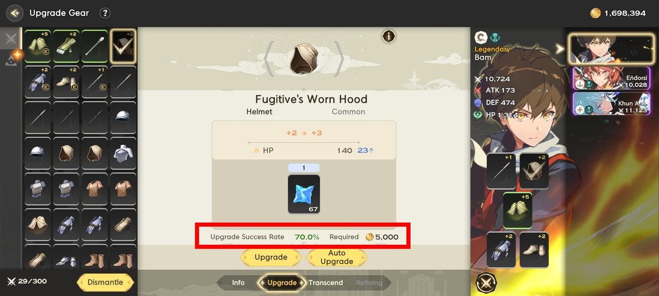 Στιγμιότυπο οθόνης που περιγράφει το ποσοστό επιτυχίας της αναβάθμισης στο Tower of God: Great Journey