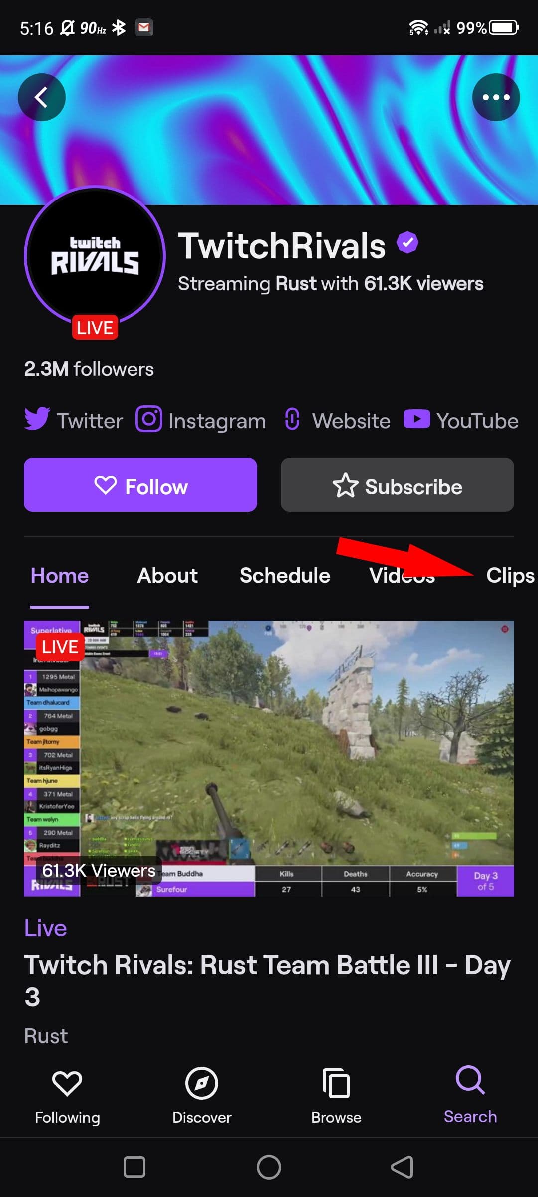 Στιγμιότυπο οθόνης της αρχικής σελίδας ενός καναλιού Twitch στο Android