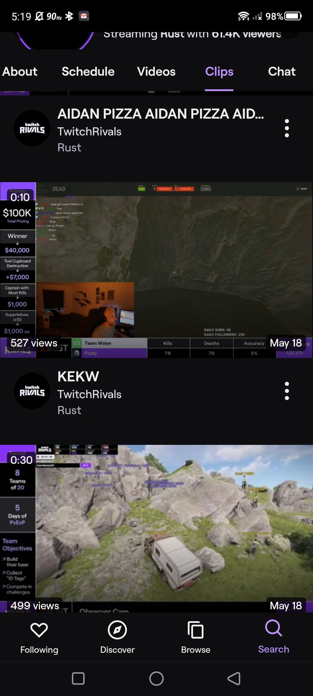 Στιγμιότυπο οθόνης της ενότητας κλιπ ενός καναλιού στην εφαρμογή Twitch στο Android