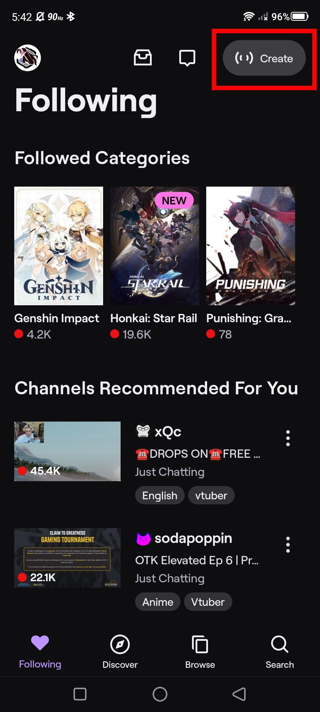 Στιγμιότυπο οθόνης του κουμπιού Δημιουργία (αρχική σελίδα της εφαρμογής Twitch) στο Android