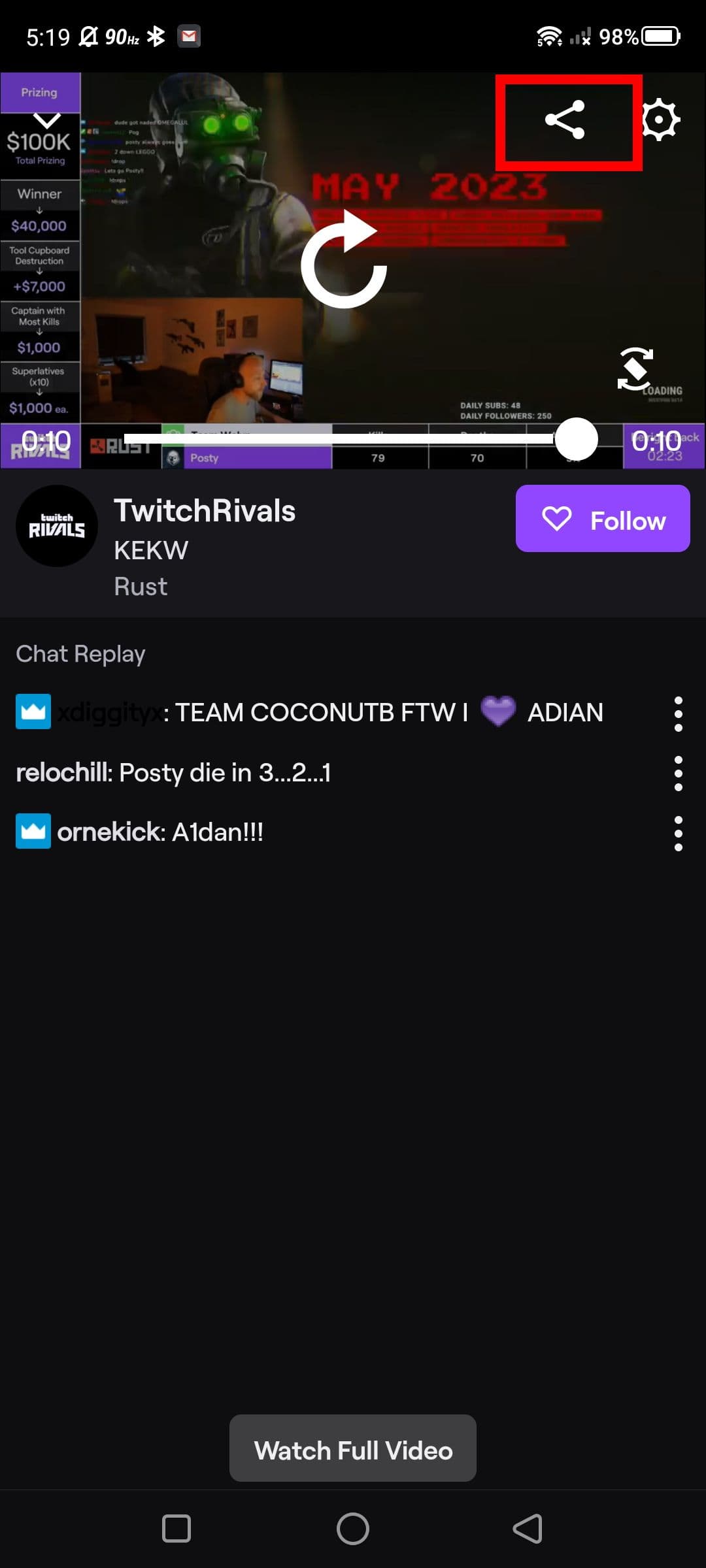 Στιγμιότυπο οθόνης του κουμπιού Κοινή χρήση πάνω από ένα κλιπ Twitch στο Android