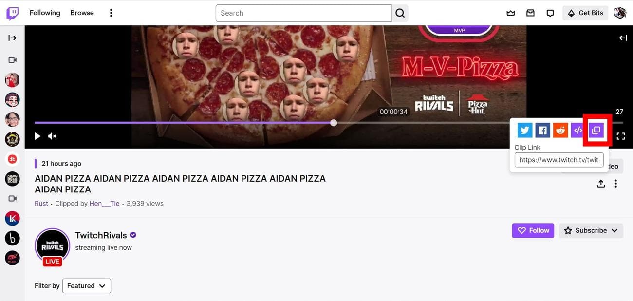 Στιγμιότυπο οθόνης με την επισήμανση της επιλογής Αντιγραφή στο πρόχειρο (Twitch) στο Google Chrome