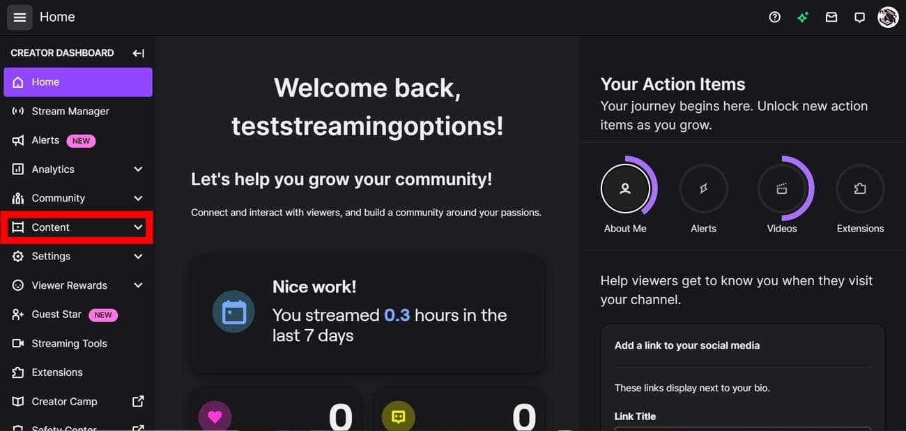 Στιγμιότυπο οθόνης της αρχικής σελίδας του Πίνακα ελέγχου δημιουργών και επισήμανση της επιλογής Περιεχόμενο στο Google Chrome