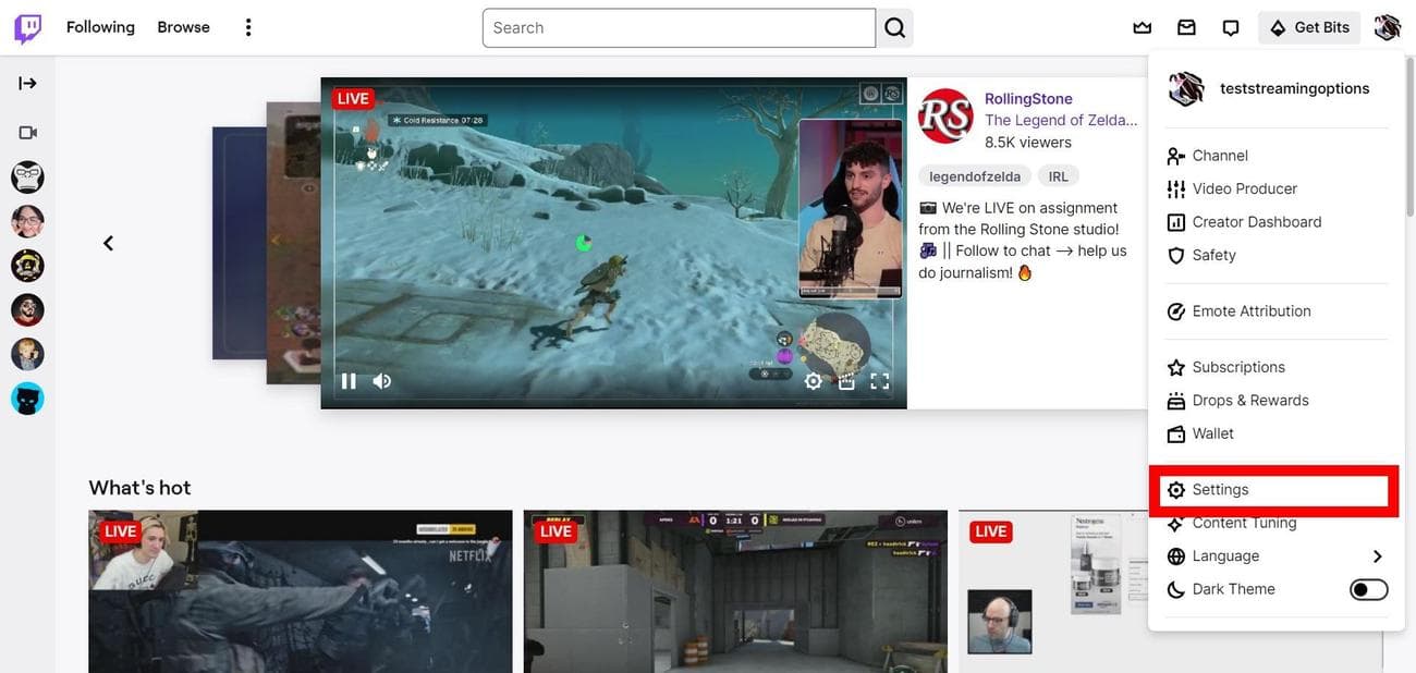 Στιγμιότυπο οθόνης εντοπισμού ρυθμίσεων Twitch (αναπτυσσόμενο μενού προφίλ Twitch) στο Google Chrome