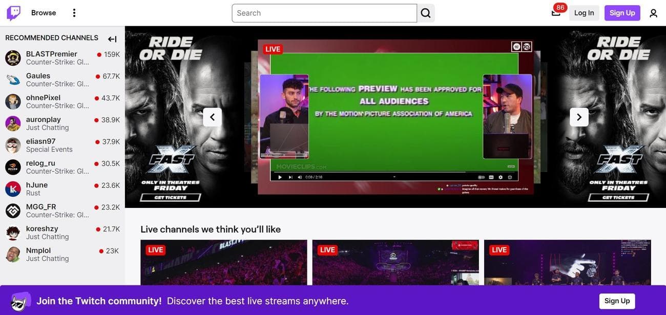 Στιγμιότυπο οθόνης της αρχικής σελίδας του Twitch TV στο Google Chrome