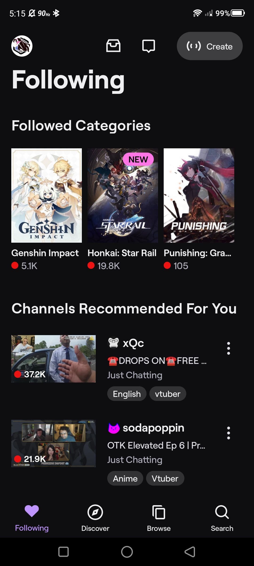 Στιγμιότυπο οθόνης της αρχικής σελίδας της εφαρμογής Twitch στο Android