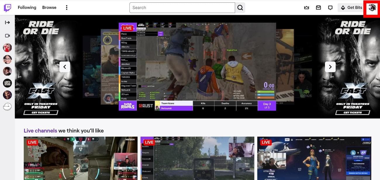 Στιγμιότυπο οθόνης που δείχνει την τοποθεσία του εικονιδίου του προφίλ Twitch στο Google Chrome