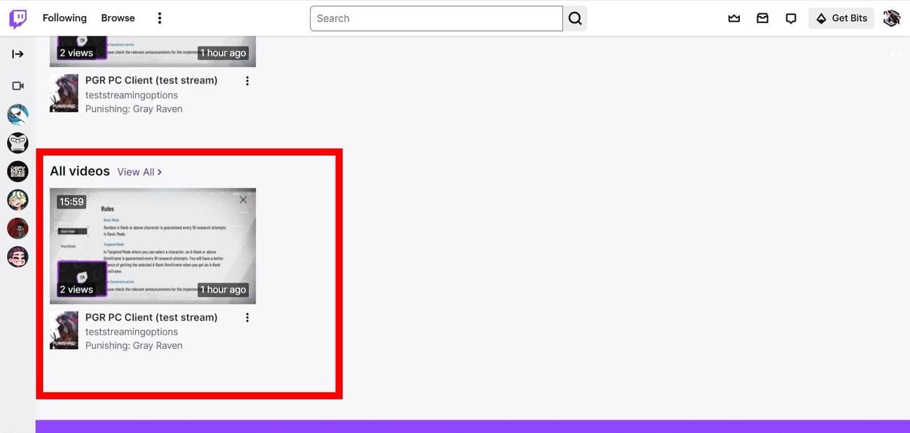 Στιγμιότυπο οθόνης της ενότητας όλων των βίντεο στην καρτέλα Twitch Videos στο Google Chrome