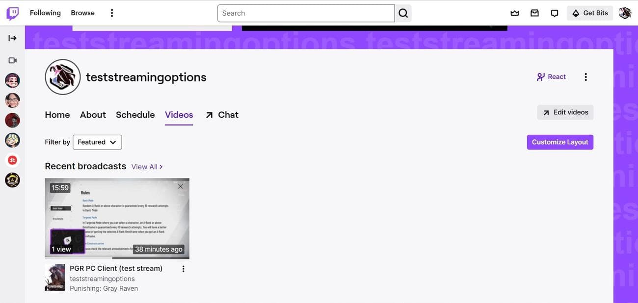 Στιγμιότυπο οθόνης εντοπισμού της καρτέλας Twitch Videos στο Google Chrome