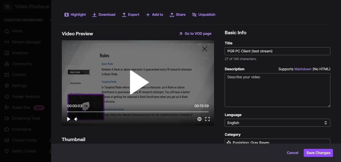 Στιγμιότυπο οθόνης επεξεργασίας στο Video Producer (Creator Dashboard) στο Google Chrome