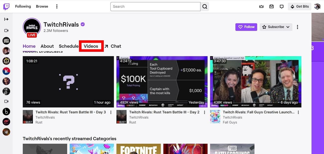 Στιγμιότυπο οθόνης της καρτέλας Βίντεο ενός καναλιού Twitch στο Google Chrome