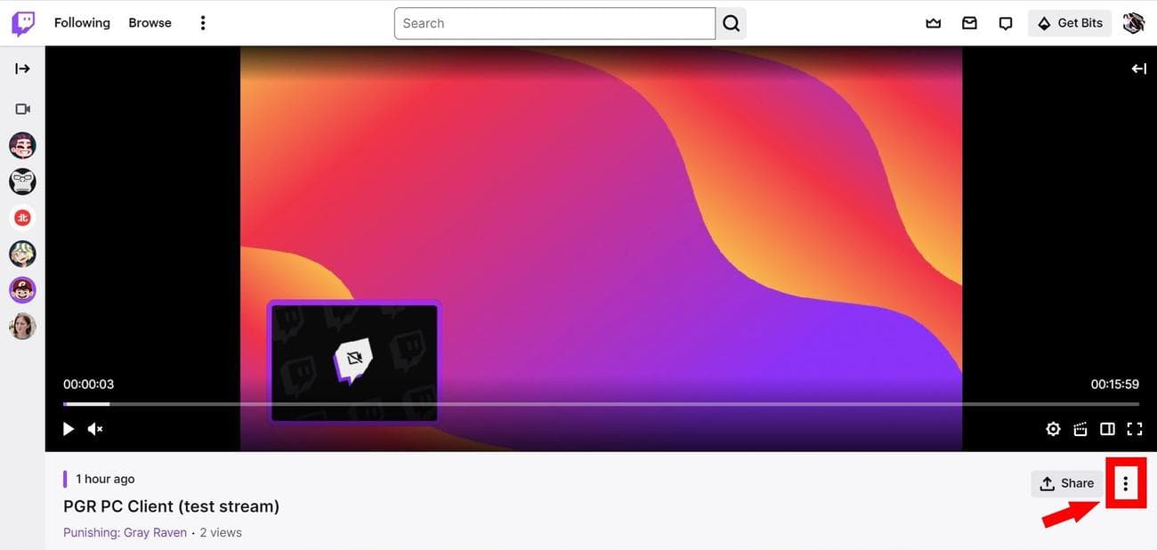 Στιγμιότυπο οθόνης εντοπισμού του μενού κεμπάπ κάτω από ένα βίντεο Twitch στο Google Chrome