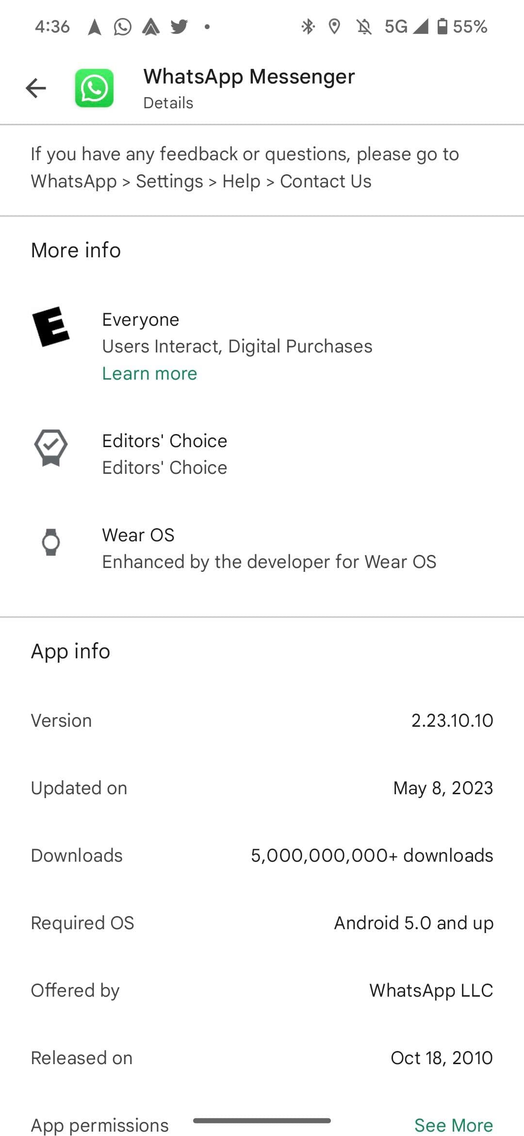 Καταχώριση WhatsApp Play Store με το ψευδώνυμο Enhanced by Wear OS