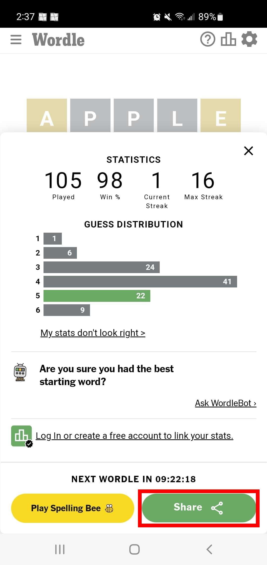 Στιγμιότυπο οθόνης του κουμπιού Κοινή χρήση στο Wordle
